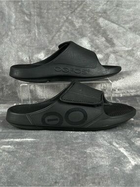 OOFOS OOahh Sport Flex Black Adjustable Strap Recovery Slide Sandals M 9 W 11